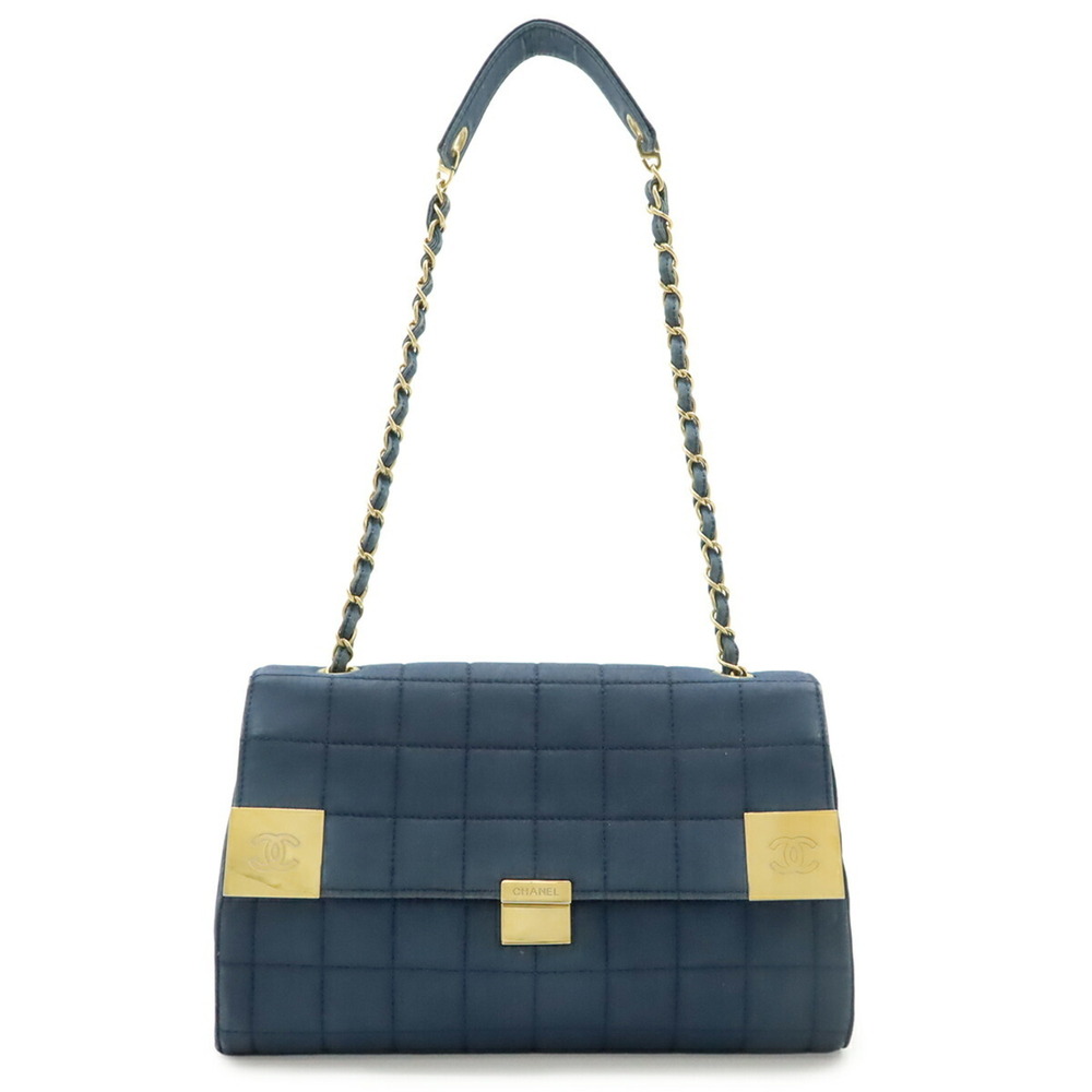 CHANEL 2.55 Chocolate Bar Chain Bag Shoulder Canvas Leather Blue Navy